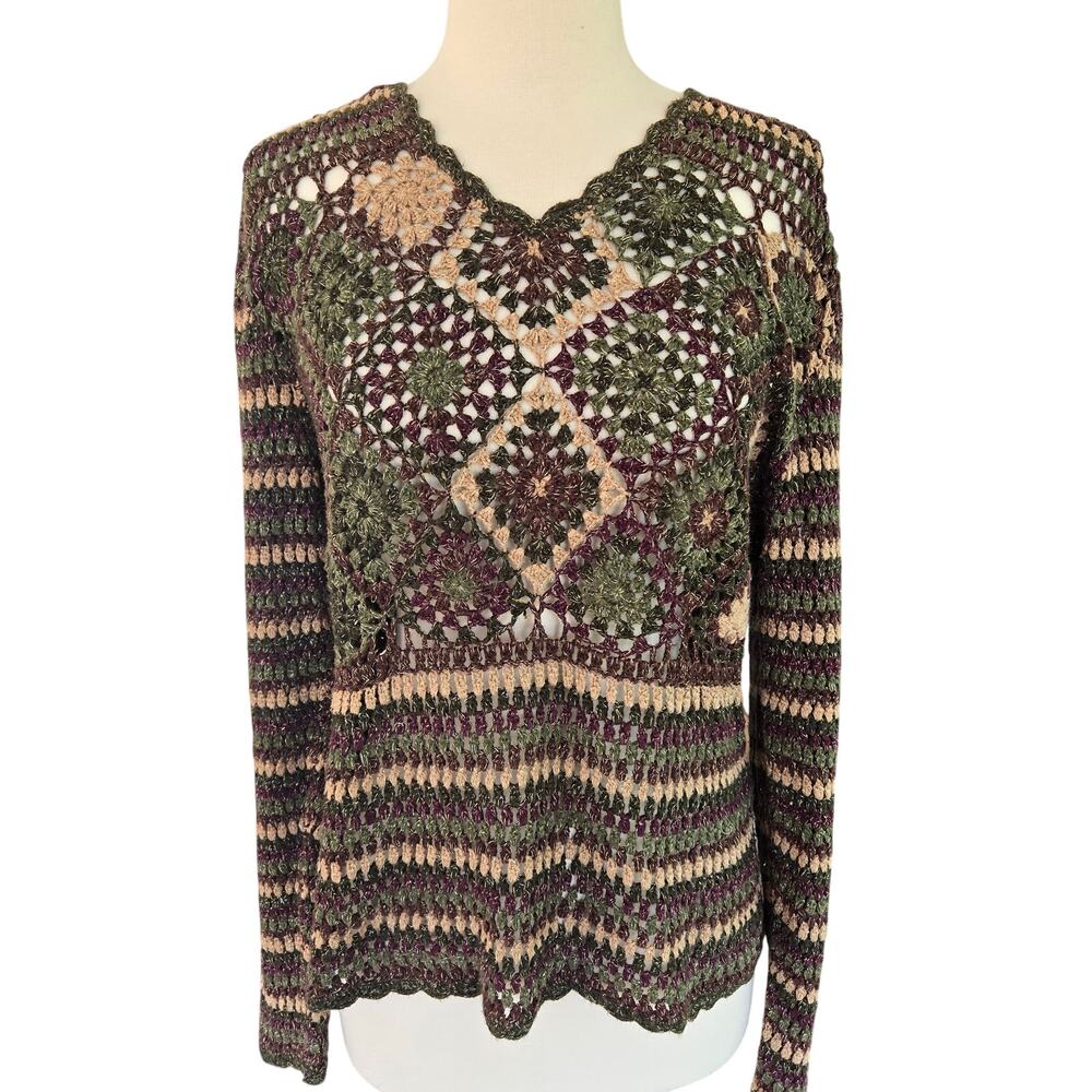 Vintage 90's Crochet Stripe Sweater with Metallic thread Size Medium